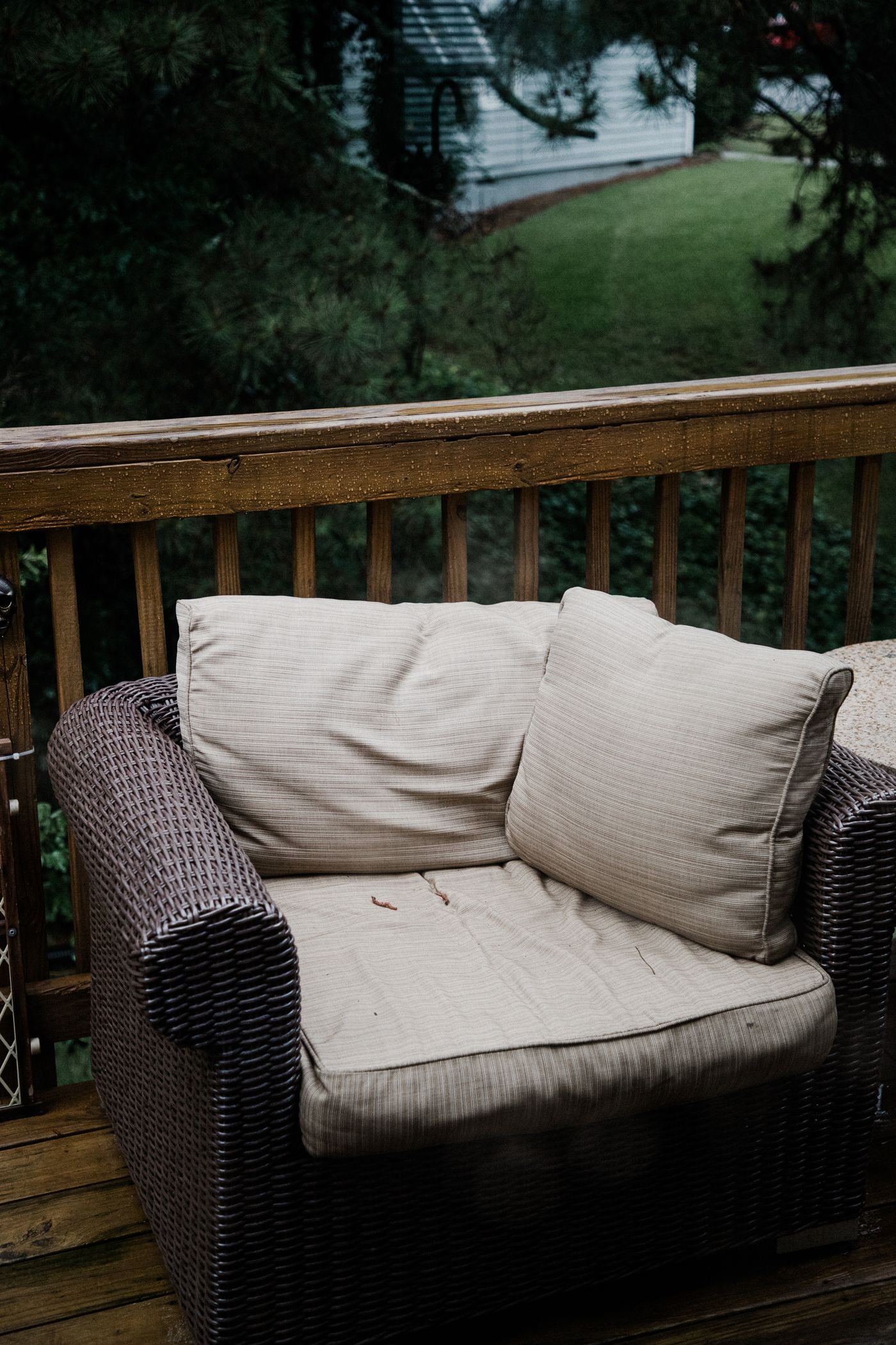 Wicker chair on timber deck overlooking garden